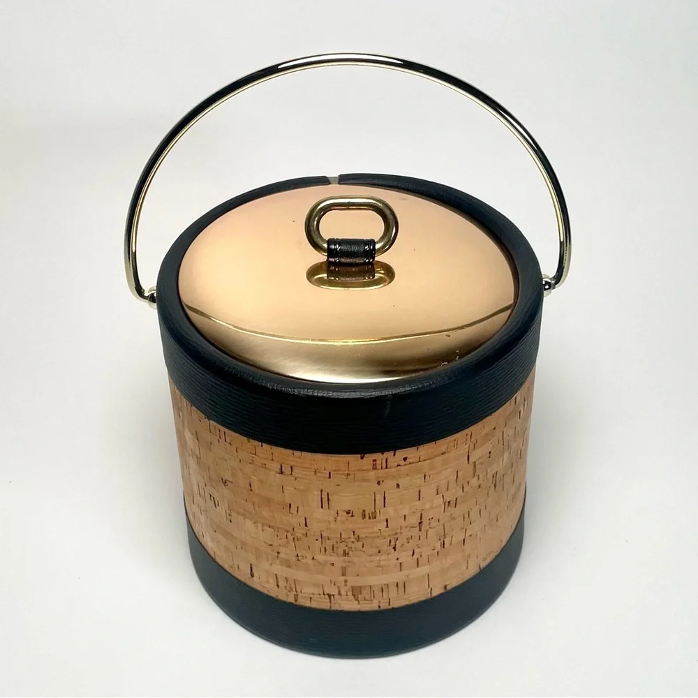 Vintage Kraftware Cork, Faux Black Leather & Gold Ice Bucket 8” With Box MCM